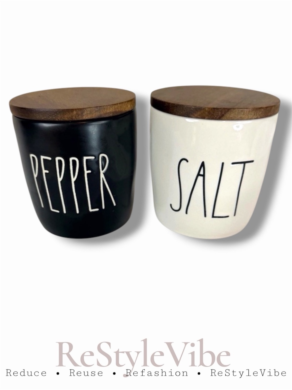 RAE DUNN By MAGENTA Salt & Pepper Cellar Set Artisan Collection Ceramic Jar Wood